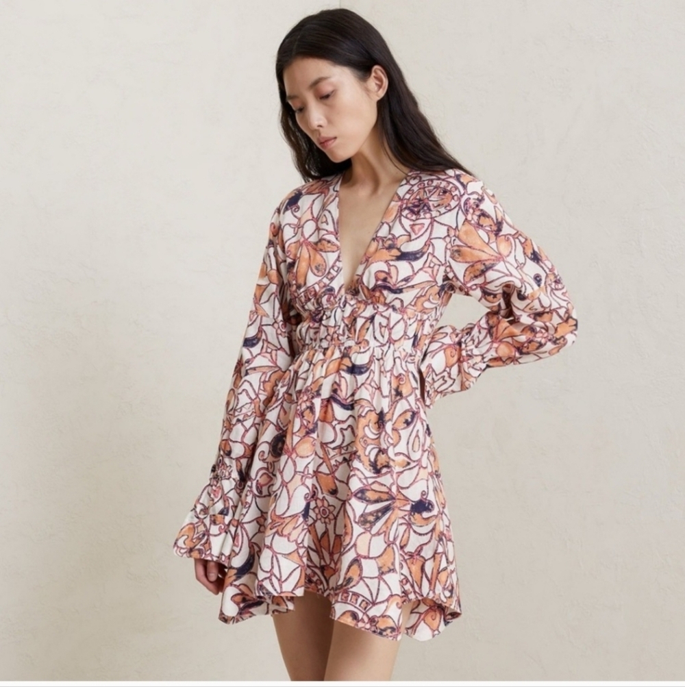 A.L.C. Salina Linen Printed Long Sleeve Mini Dress Size 4